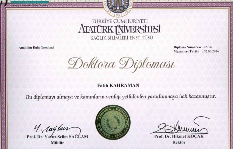 Dr. Fatih Kahraman’ın Ortodonti Doktora Diploması – İstanbul Bakırköy’de tavsiye edilen ortodonti uzmanı.