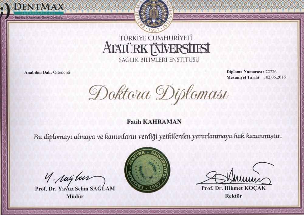 Dr. Fatih Kahraman’ın Ortodonti Doktora Diploması – İstanbul Bakırköy’de tavsiye edilen ortodonti uzmanı.