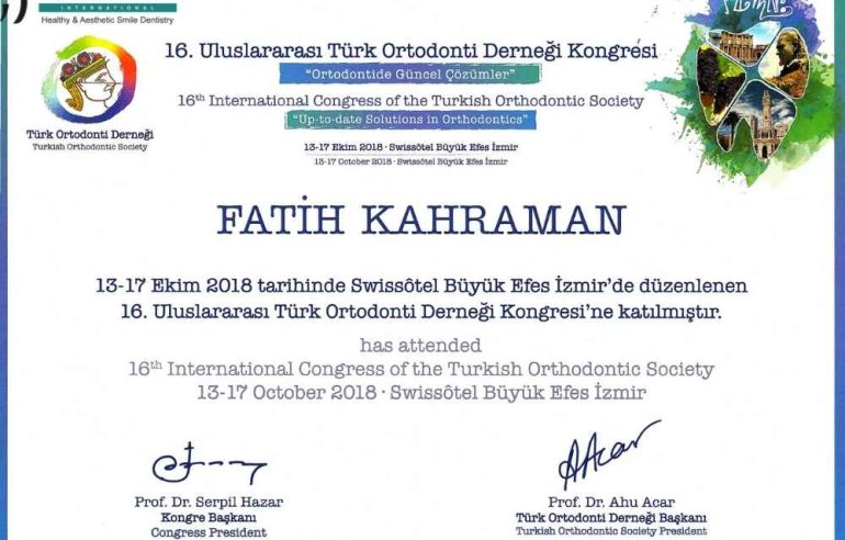 Y. Doç. Dr. Fatih Kahraman’ın Ortodonti Doktora Diploması – İstanbul Bakırköy’de uzmanlık belgesi.