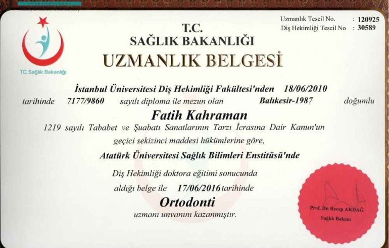 Ortodonti uzmanı Dr. Fatih Kahraman’ın uluslararası başarı sertifikası – Hasta memnuniyeti odaklı.